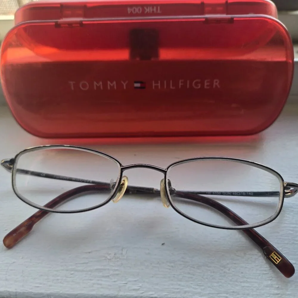 Tommy Hilfiger prescription glasses, lenses, and red case